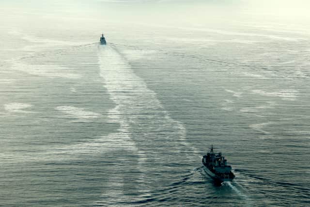 Chinese destroyer Jiaozuo (top) and support vessel Honghu travelling through the English Channel as they are monitored by HMS Richmond. Issue date: Saturday August 10, 2024. PA Photo. Picture: Ministry of Defence/PA Wire