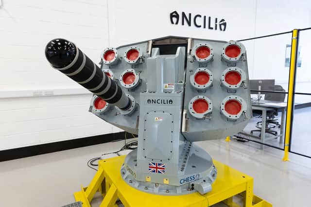 The prototype of Ancilia with a dummy decoy round loaded. The weapons system is due to be fitted to Type 26, 31 and 45 warships.