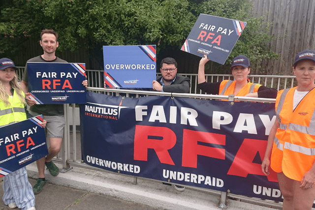 Royal Fleet Auxiliary staff, who are members of the Nautilus International Union, staged a demonstration near the military base on Whale Island, Portsmouth, last Thursday (August 16). They have gone on strike in a bitter row with the Ministry of Defence over pay and working conditions.