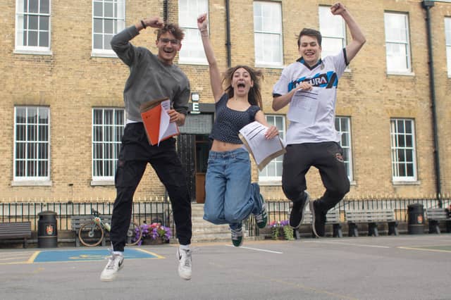 Students at Portsmouth Grammar School are jumping for joy as they receive their A-level results.
Credit: Habibur Rahman