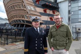 HMS Victory in Portsmouth will be showcased on the latest episode of the Channel 5 documentary Warship; Life in the Royal Navy. Pictured is JJ Chalmers and the CO of HMS Victory.