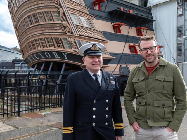 HMS Victory in Portsmouth will be showcased on the latest episode of the Channel 5 documentary Warship; Life in the Royal Navy. Pictured is JJ Chalmers and the CO of HMS Victory.