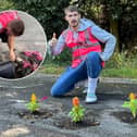 West Sussex landscaper Harry Smith-Haggett, 22, has been filling in Horsham's potholes with flowers dubbed 'pretty potholes'. 