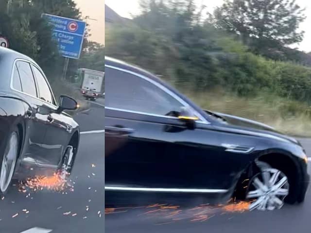Sparks fly from Bentley as it’s driven on M25 - missing a tyre.