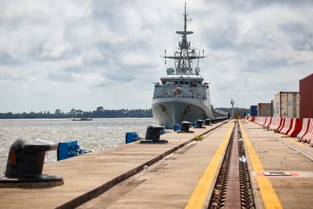HMS Trent was deployed to the British Virgin Islands to carry out disaster relief after Hurricane Ernesto hit the British Overseas Territory. Pictured is the offshore patrol vessel in Cote D'Ivoire.