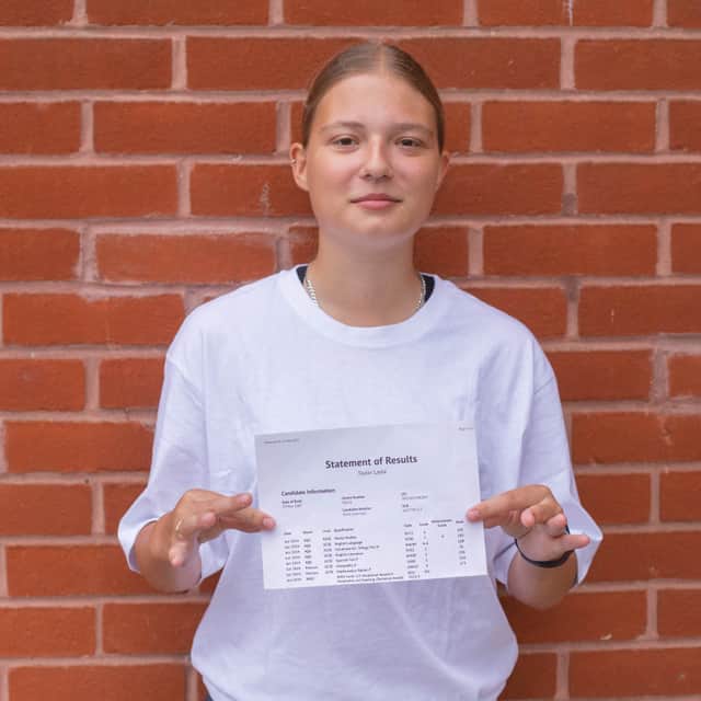 Layla Taylor celebrated her GCSE results at Miltoncross Academy. She earned a place to study Engineering in college despite spending much of the year in hospital.
