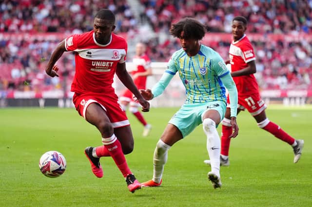Harvey Blair challenges Anfernee Dijksteel on his Pompey debut at Middlesbrough. Picture: Owen Humphreys/PA Wire
