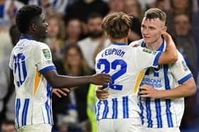 Mark O'Mahony celebrates scoring Brighton's fourth goal in the Carabao Cup win over Crawley. He will now seal a loan move to Pompey. Picture: Mike Hewitt/Getty Images