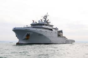 French Navy (Marine Nationale) ship BSAM Rhone will be visiting Portsmouth after a polar arctic mission. Pictured is the vessel in 2023 patrolling off the coast of Boulogne-sur-Mer, as migrants attempt to illegally cross the English Channel from France to Britain.