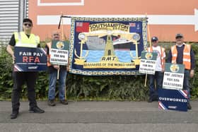 Members of the RMT and Nautilus International unions on strike in Portsmouth in September. Pictured is: (l-r) Martyn Gray, Olly Longden, Andy Rawlinson and Mark Brennan, striking in Wharf Road near Whale Island, Portsmouth, on September 3
