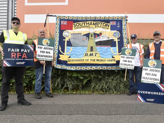 Members of the RMT and Nautilus International unions on strike in Portsmouth in September. Pictured is: (l-r) Martyn Gray, Olly Longden, Andy Rawlinson and Mark Brennan, striking in Wharf Road near Whale Island, Portsmouth, on September 3