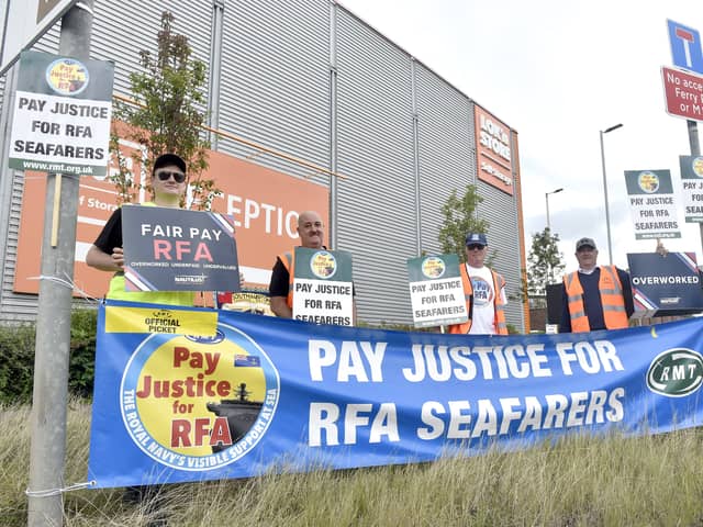 Talks to resolve the ongoing strikes plaguing the RFA have stalled once again, with an MoD meeting earlier this week failing to resolve the issue. Pictured are striking union members in Portsmouth.