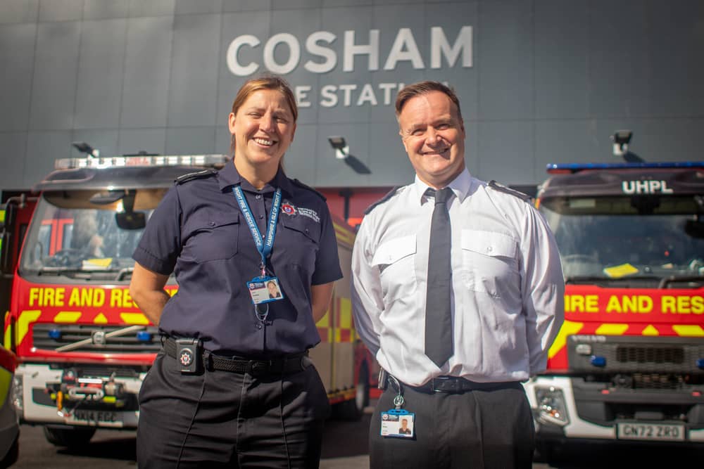 Station Managers Lacey Plumbley and. Lee Sheen at Cosham Fire Station and Police Station, Portsmouth.