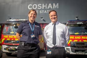 Station Managers Lacey Plumbley and. Lee Sheen at Cosham Fire Station and Police Station, Portsmouth.