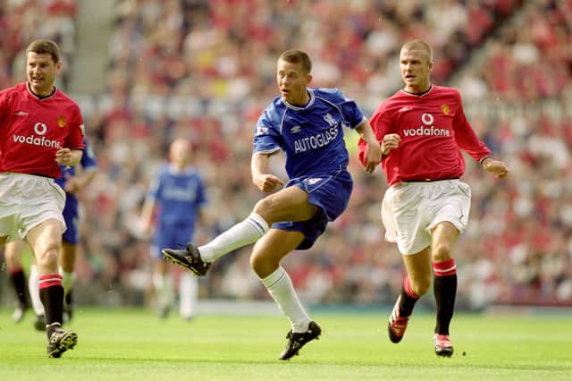Jon Harley up against Manchester United's Denis Irwin and David Beckham in Premier League action in September 2000. Picture: Ben Radford /Allsport