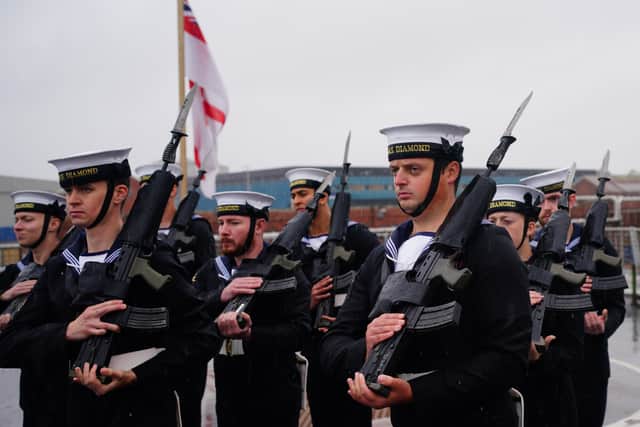Royal Navy personnel serving aboard HMS Diamond were praised by the defence secretary during his visit to HMNB Portsmouth.