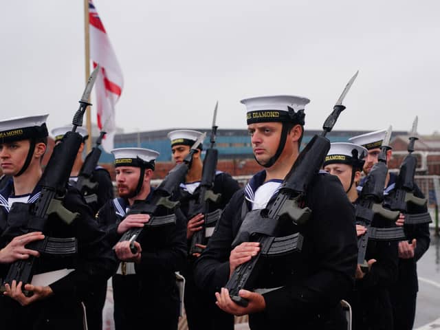 Royal Navy personnel serving aboard HMS Diamond were praised by the defence secretary during his visit to HMNB Portsmouth.