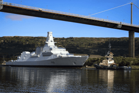 HMS Cardiff, Type 26 frigate, sailing in the River Clyde in Scotland for the first time.