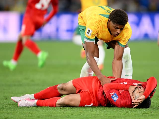 Pompey striker Kusini Yengi before he's dismissed for a throat-high challenge on Bahrain's Sayed Baqer for Australia. Pic: Getty