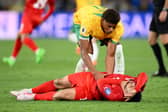 Pompey striker Kusini Yengi before he's dismissed for a throat-high challenge on Bahrain's Sayed Baqer for Australia. Pic: Getty