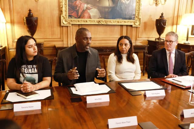 Idris Elba addresses the knife crime summit alongside campaigners Tanisha Dadar and Yemi Hughes and Prime Minister Sir Keir Starmer. (Photo: WPA Pool/Getty Images)