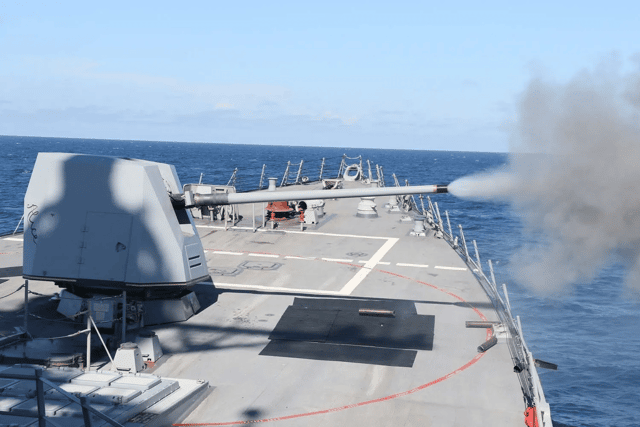 Pictured is the Mk45 gun - being fitted to HMS Glasgow - being fired from the American destroyer USS John Finn.