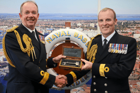 Commodore Marcel Rosenburg (R) will take charge of HMNB Portsmouth and replace its previous leader Commodore John Voyce.