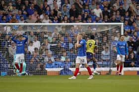 Pompey are distraught after conceded their second goal in the 3-0 defeat to Championship leaders West Brom. Picture: Jason Brown/ProSportsImages