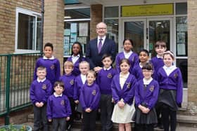 St Peter's Catholic Primary School in Waterlooville has been judged as an outstanding school by the Catholic Schools Inspectorate. 
Pictured: Richard Cunningham, headteacher, with pupils
