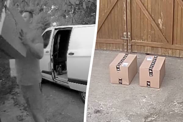 The moment a Yodel driver was caught throwing a parcel over woman's 6ft gate