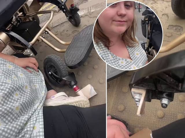 Abbie McMahon, 25, claims she was flung from her wheelchair when the wheel broke after getting stuck in a dropped kerb. 