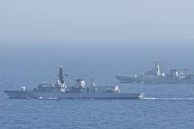 HMS Lancaster and PNS Shamsheer conducting exercises as part of the Combined Task Force (CTF) 150.