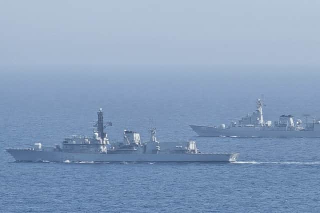 HMS Lancaster and PNS Shamsheer conducting exercises as part of the Combined Task Force (CTF) 150.
