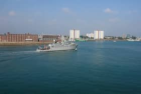 French naval vessel FS L'Aigle visiting Portsmouth with BSAM Rhone sailing to city earlier this morning.