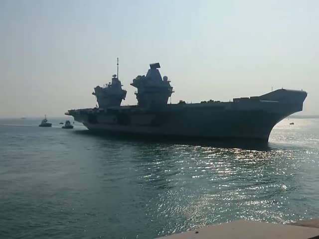 HMS Prince of Wales makes her return to Portsmouth after Operational Sea Training in the glorious sunshine.