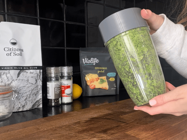 Blend until you have a paste, before adding EEVO and water.