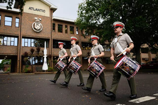 HMS Collingwood musicians marching round HMS Collingwood in Fareham to raise money for Musn Sophie Ward.