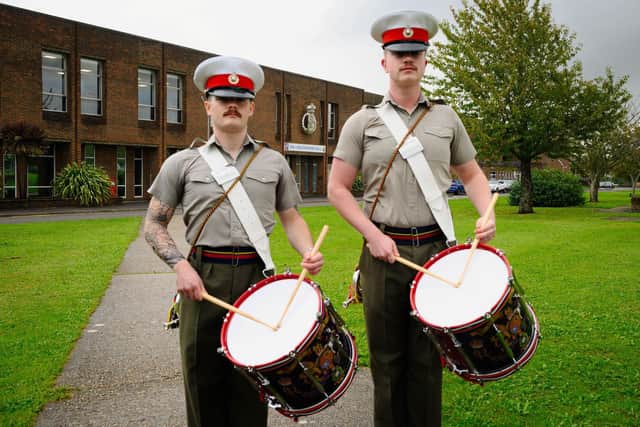 From L: Bugler Ollie Poole, 23, and Bugler Adam Saunders, 22. They took part in the 26 hour march around HMS Collingwood, as part of the 26forSoph campaign.