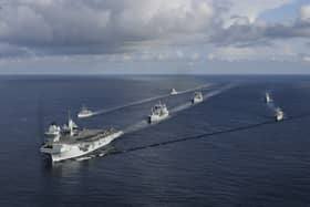The Council on Geostrategy said the UK needs to build more ships to boost the Royal Navy fleet, as well as make upgrades to existing ships. Pictured is HMS Prince of Wales leading a UK Carrier Strike Group.