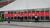 Protesters spray paint 'genocide’ on Labour conference entrance.