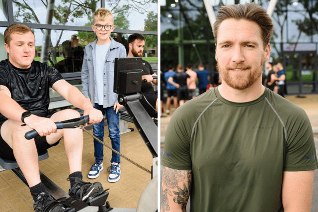 From L: Archie watching the HMS Collingwood sailors row during the 100km challenge. Sub Lieutenant Peter Ross, the organiser of the challenge. His wife set up the fundraiser for Archie.