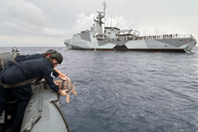 One of the six rare loggerhead turtles which was found by the crew of a Royal Navy warship after washing up on UK shores, being released and dropped back into the Atlantic by the crew of the Portsmouth-based patrol vessel HMS Medway. The Navy crew transported the turtles back to the Azores, where they were released having been cared for by Newquay's Blue Reef Aquarium and Anglesey Sea Zoo.