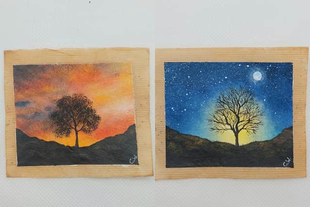 Undated handout photo issued by Caroline West of two of her paintings of the Sycamore Gap tree on a used tea bags to mark a year since it was felled. The much photographed and visited sycamore was cut down overnight between September 27 and 28 2023, which sparked a wave of anger and upset. I

Photo credit should read: Caroline West /PA Wire