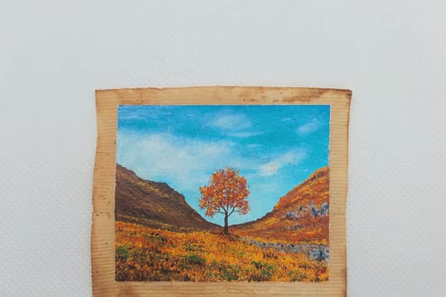 Undated handout photo issued by Caroline West of one of her paintings of the Sycamore Gap tree on a used tea bags to mark a year since it was felled. The much photographed and visited sycamore was cut down overnight between September 27 and 28 2023, which sparked a wave of anger and upset. 
 Photo credit should read: Caroline West /PA Wire
