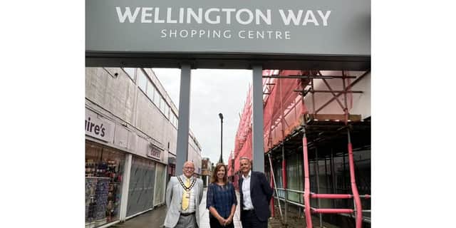Kim Singleton won the Wellington Way naming competition with her Duke of Wellington inspired suggestions. She celebrated with the Mayor of Havant, Cllr Peter Wade (left) and Peter Harding from Questmap (right).