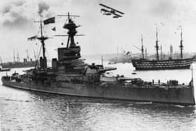 A memorial obelisk to honour those who died during the sinking of HMS Royal Oak is being unveiled. Pictured is the battleship in Portsmouth Harbour prior to the Second World War.
