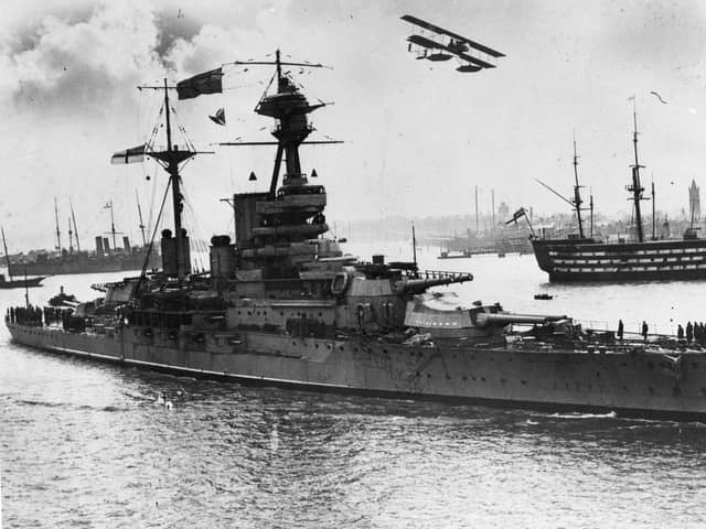A memorial obelisk to honour those who died during the sinking of HMS Royal Oak is being unveiled. Pictured is the battleship in Portsmouth Harbour prior to the Second World War.