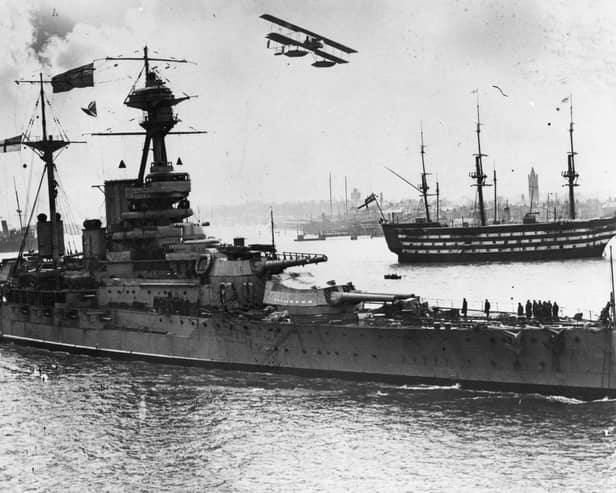A memorial obelisk to honour those who died during the sinking of HMS Royal Oak is being unveiled. Pictured is the battleship in Portsmouth Harbour prior to the Second World War.