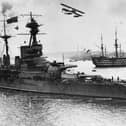 A memorial obelisk to honour those who died during the sinking of HMS Royal Oak is being unveiled. Pictured is the battleship in Portsmouth Harbour prior to the Second World War.