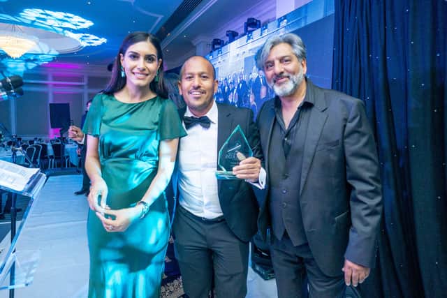 The Akash, Southsea has won best restaurant in Hampshire at the Tommy Miah's International Indian Chef of the Year Competition and Award at The Macdonald Burlington Hotel, Burlington Arcade, Birmingham

Pictured: Faz Ahmed with his award with Sky News presenter Anila Dhami and actor Nitin Ganatra 
Picture: Habibur Rahman
